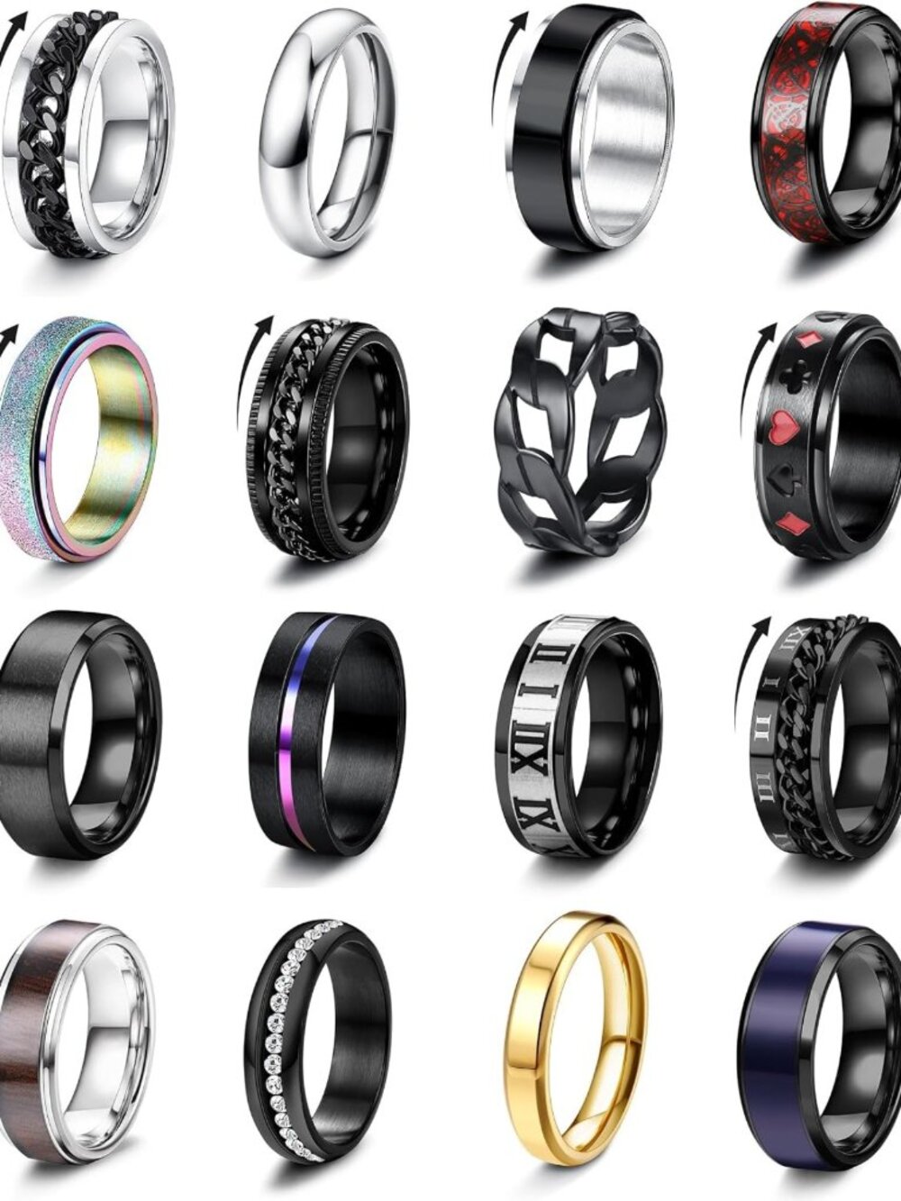 16Pcs Stainless Steel Fidget Spinner Rings for Men & Women, Sizes 7-13, Stress